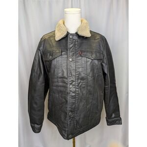 Levi Strauss Faux Leather Black Trucker Jacket Sherpa Collar Coat Lined XL Boys